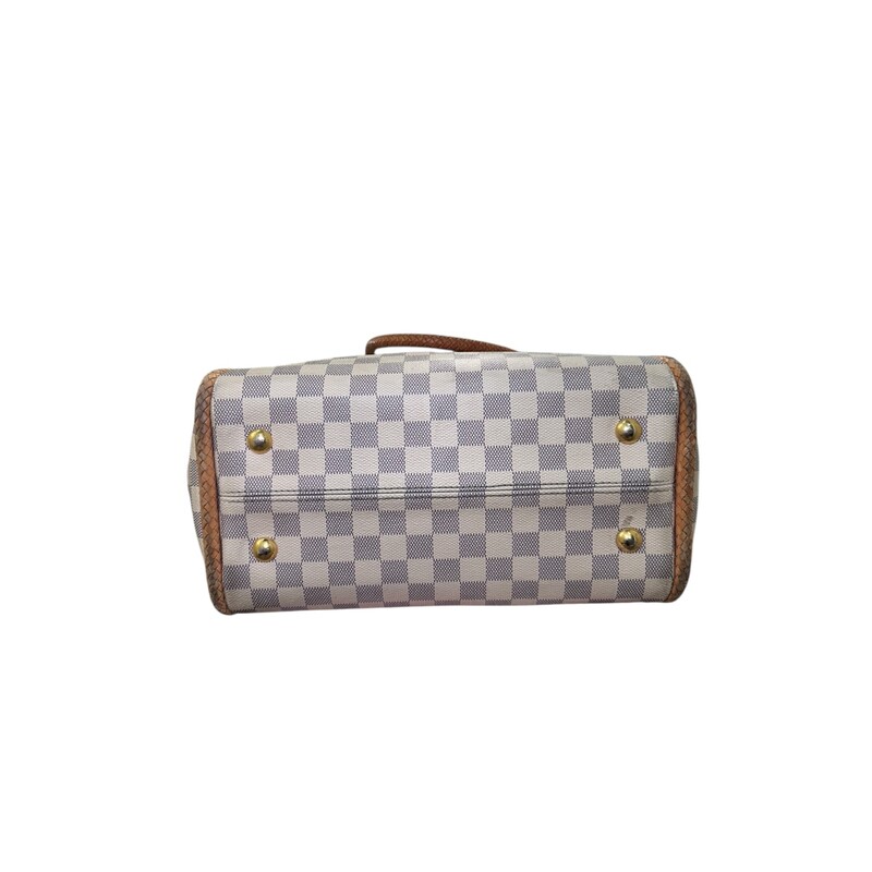 Louis Vuitton Propriano Rose Damier Azur<br />
<br />
Date Code: TJ3187<br />
<br />
Dimensions:<br />
Base length: 12.25 in<br />
Longest length : 17.75 in<br />
Height: 11.75 in<br />
Width: 6.25 in<br />
Drop: 9.75 in<br />
<br />
In very good condition. The interior has upper stainging. Corner wear on the leather corners.<br />
<br />
Comes with the original dust bag. No box.