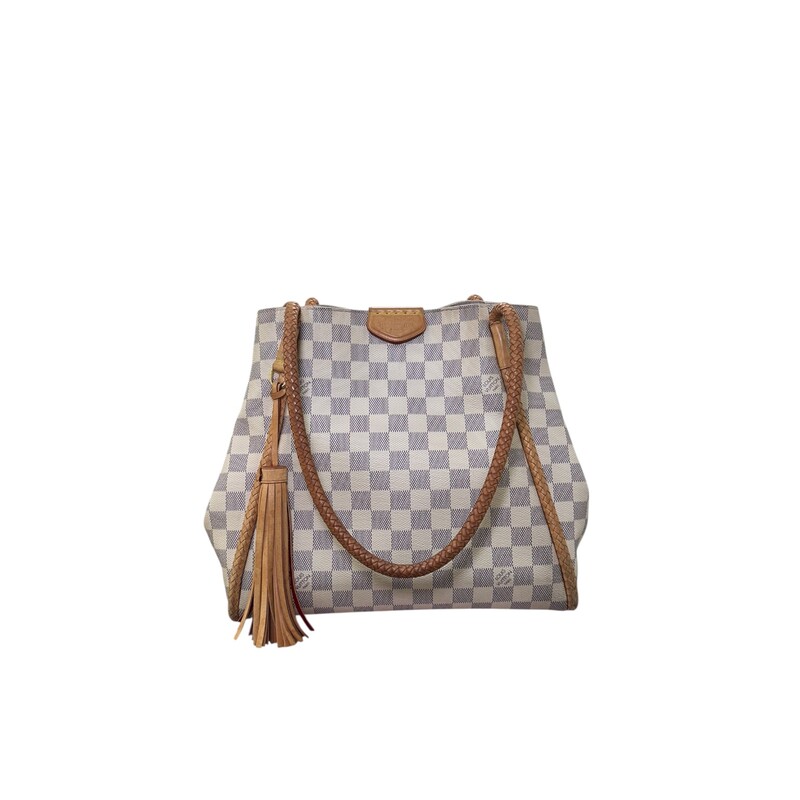 Louis Vuitton Propriano Rose Damier Azur<br />
<br />
Date Code: TJ3187<br />
<br />
Dimensions:<br />
Base length: 12.25 in<br />
Longest length : 17.75 in<br />
Height: 11.75 in<br />
Width: 6.25 in<br />
Drop: 9.75 in<br />
<br />
In very good condition. The interior has upper stainging. Corner wear on the leather corners.<br />
<br />
Comes with the original dust bag. No box.