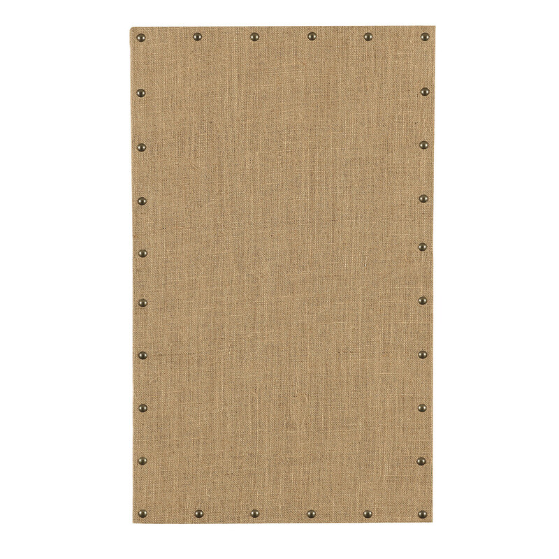 Ballard Designs Burlap Bulletin Board<br />
Tan Silver Size: 20 x 33.5H<br />
Can hang either way<br />
Retails: $65+