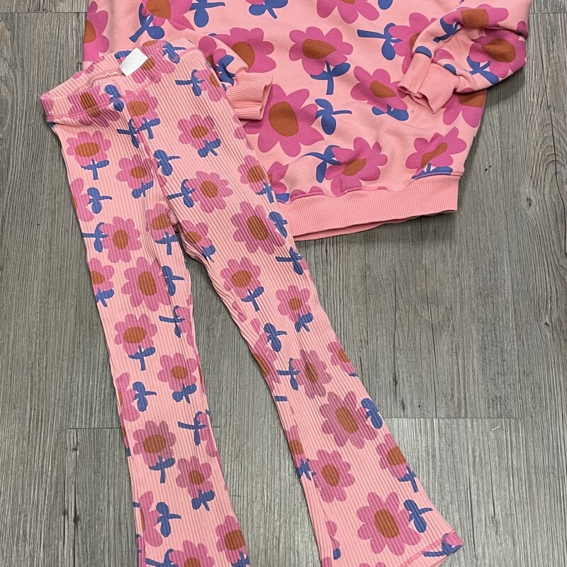 Zara Floral 2pcs Legging - Ribbed Wide Leg/Sweat Shirt, Pink/Blue, Size: 6Y