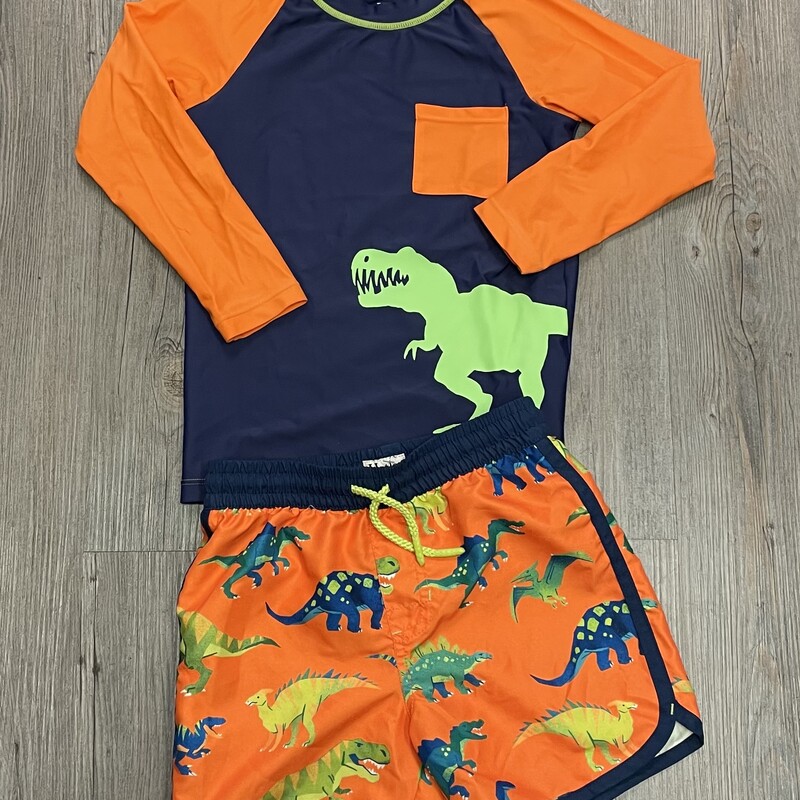 Hatley 2pcs Dino Swim Shorts/Rash Guard, Orange/Navy, Size: 5Y