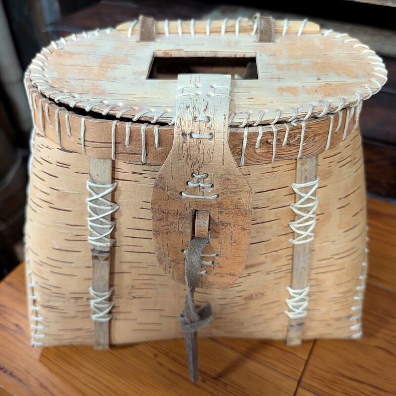 Birch Bark Fishing Creel, Leather, Hinge
12w x 6d x 10h