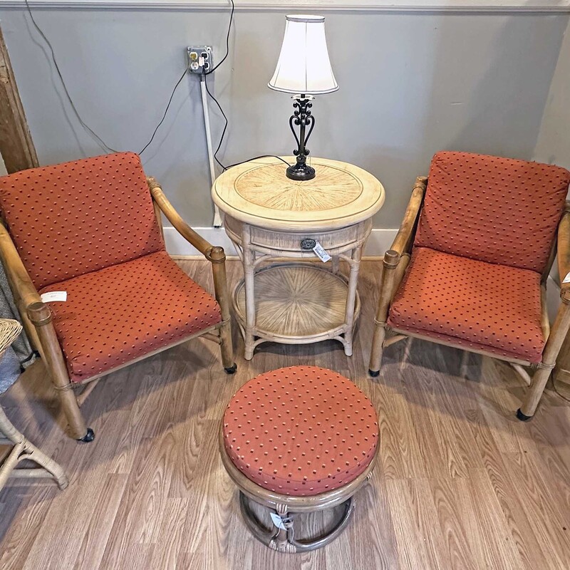 3 Piece MCM Bamboo Set
Includes two Chairs and Matching Stool
In wonderful condition!
Chairs are 30 In x 24 In x 22 In.
Stool is 17 x 16