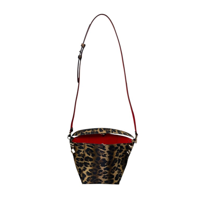 Christian Louboutin Crepe Satin Leopard Print Empire Spike Studded Mini Cabachic Bucket Bag Brown<br />
<br />
Dimensions:<br />
Base length: 6.50 in<br />
Longest length: 10.00 in<br />
Height: 7.50 in<br />
Width: 6.50 in<br />
Drop: 3.00 in<br />
Drop: 20.00 in<br />
<br />
In very good condition very faint wear to the corners.<br />
<br />
Does not come with the original dust bag ro box.