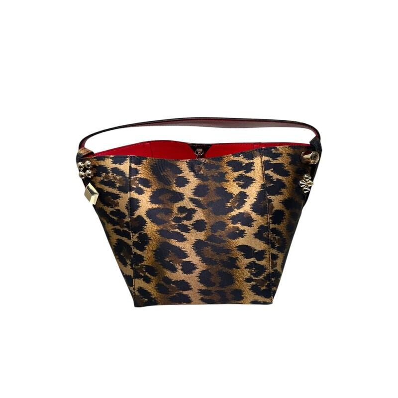 Christian Louboutin Crepe Satin Leopard Print Empire Spike Studded Mini Cabachic Bucket Bag Brown<br />
<br />
Dimensions:<br />
Base length: 6.50 in<br />
Longest length: 10.00 in<br />
Height: 7.50 in<br />
Width: 6.50 in<br />
Drop: 3.00 in<br />
Drop: 20.00 in<br />
<br />
In very good condition very faint wear to the corners.<br />
<br />
Does not come with the original dust bag ro box.