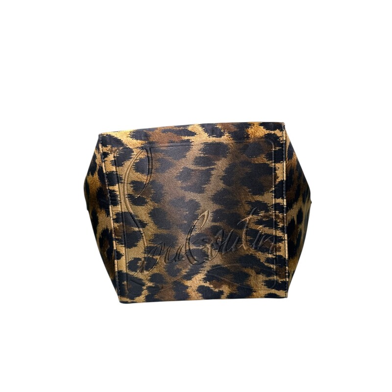Christian Louboutin Crepe Satin Leopard Print Empire Spike Studded Mini Cabachic Bucket Bag Brown<br />
<br />
Dimensions:<br />
Base length: 6.50 in<br />
Longest length: 10.00 in<br />
Height: 7.50 in<br />
Width: 6.50 in<br />
Drop: 3.00 in<br />
Drop: 20.00 in<br />
<br />
In very good condition very faint wear to the corners.<br />
<br />
Does not come with the original dust bag ro box.