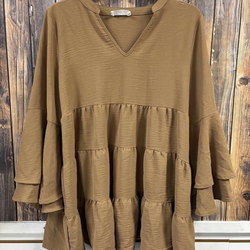 Brown V Neck Ruffle Top, Size: L