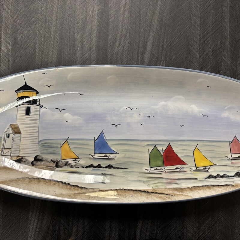 Sailboat Lighthouse Platter, Size: 21x8 In