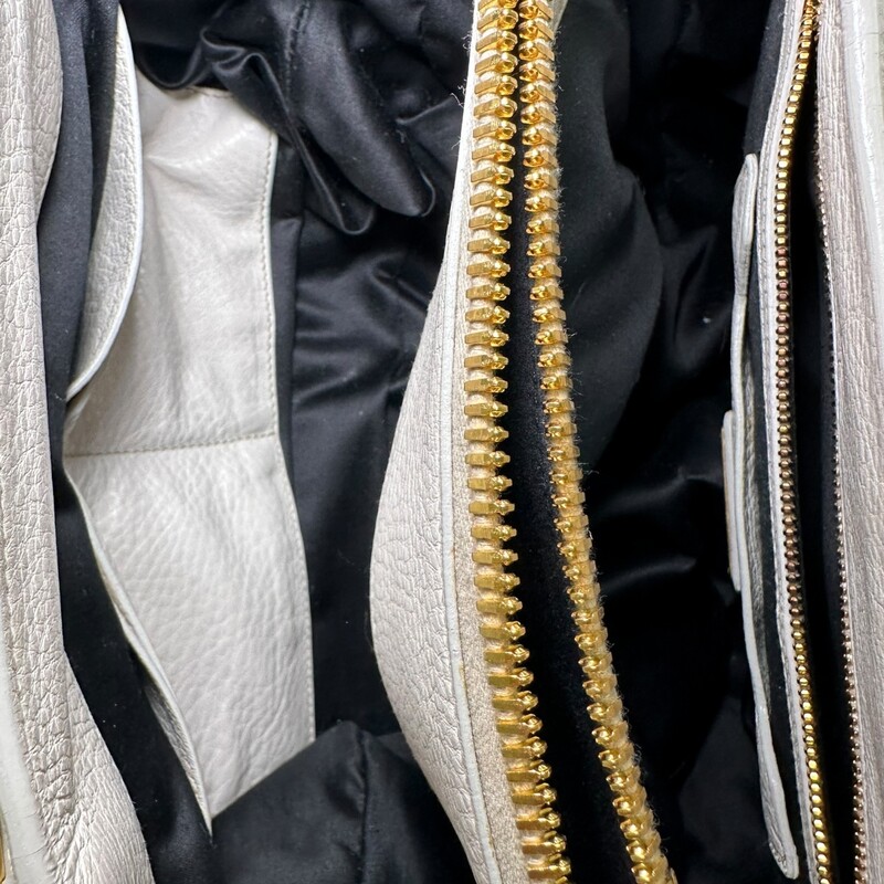 Miu Miu Vitello Daino Tote Pomice<br />
<br />
Factory Code:158<br />
<br />
Dimensions:<br />
Base length: 12.50 in<br />
Height: 9.25 in<br />
Width: 5.50 in<br />
Drop: 8.00 in<br />
Drop: 20.00 in<br />
<br />
In very good condition.  A few scuffs on the back and front of the bag.<br />
<br />
Comes with the original dust bag. No box.