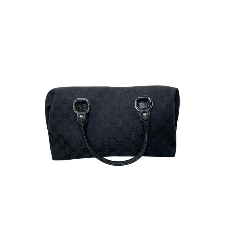 Gucci Bowling Canvas Black Double Handle<br />
<br />
Code: 113009<br />
<br />
Dimensions: 12.5in x 7in x 4in<br />
<br />
In very good condition. Light wear to the handles.<br />
<br />
Does not come with the original dust bag or box.