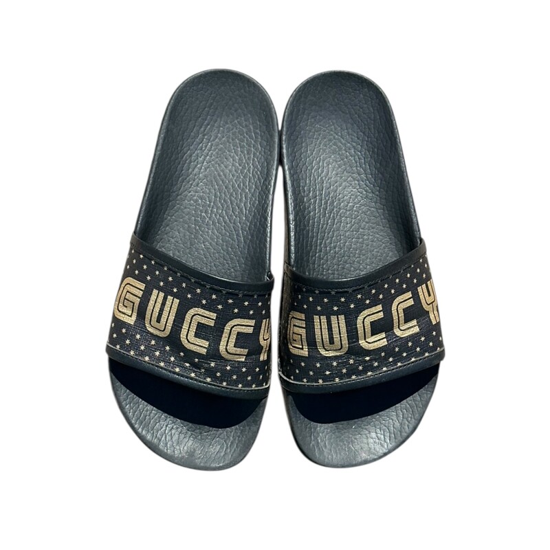 Gucci Guccy Black Slides<br />
<br />
Size 7<br />
<br />
In Good Condition.<br />
<br />
Does not come with the original dust bag or box.