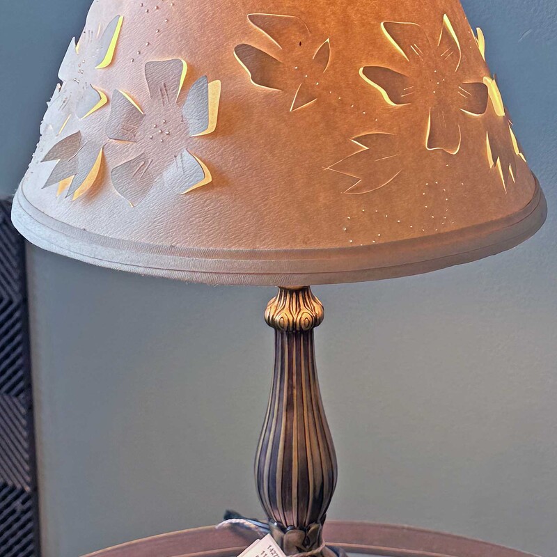 Bronze Lamp with Cream Floral Cutout Shade
18.5 In Tall.