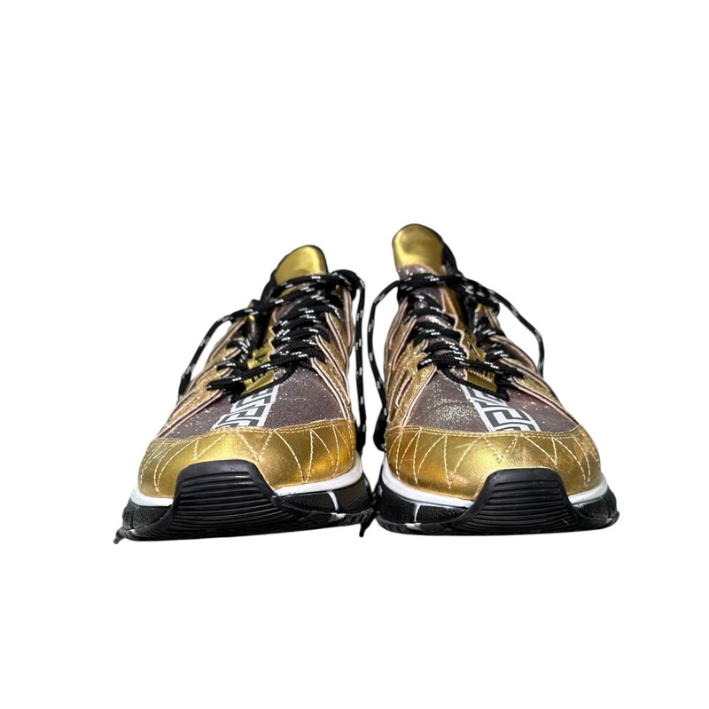 Versace Trigerca  Gold Sparkle Sneakers<br />
<br />
Size 42<br />
<br />
In good condition. Some scratches on the leather and some wear on bottoms.<br />
<br />
Does not come with original dust bag or box.