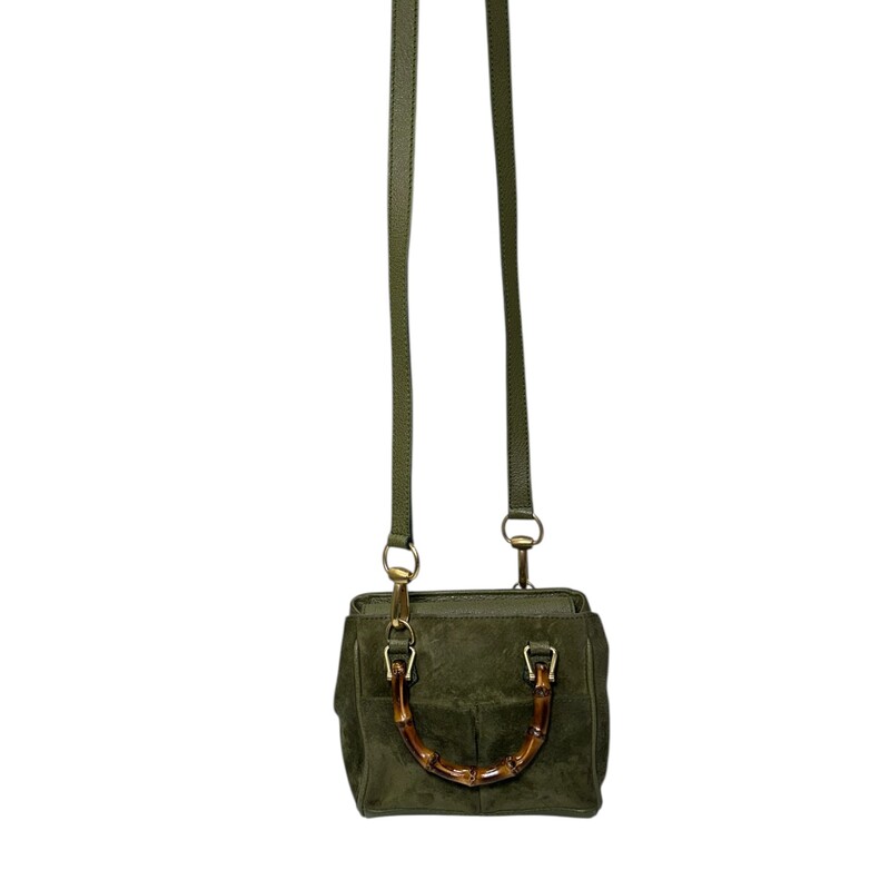 Gucci Suede Bamboo Handle Crossbody<br />
<br />
Heighth 5-1/2 inches<br />
Width 6 inches<br />
Depth 3 inches<br />
Strap drop 24 inches<br />
<br />
Good Condition<br />
<br />
Does not come with original dustbag or box