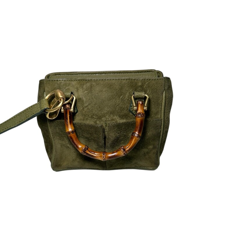 Gucci Suede Bamboo Handle Crossbody<br />
<br />
Heighth 5-1/2 inches<br />
Width 6 inches<br />
Depth 3 inches<br />
Strap drop 24 inches<br />
<br />
Good Condition<br />
<br />
Does not come with original dustbag or box