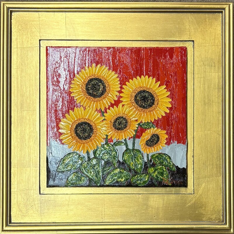 Framed Sunflower Oil  Barbara K Spraul
German artist based in Michigan
Canvas is 12x12 in frame
Gold, Red, Yellow
Size: 20.5x20.5H