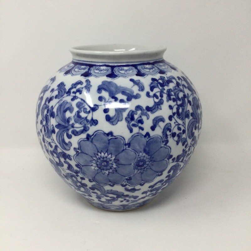 Oriental Style Vase,
White/Blue,
Size: 8 X 8 In