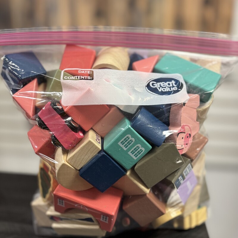Wooden Blocks, 1 gallon ziplock bag full