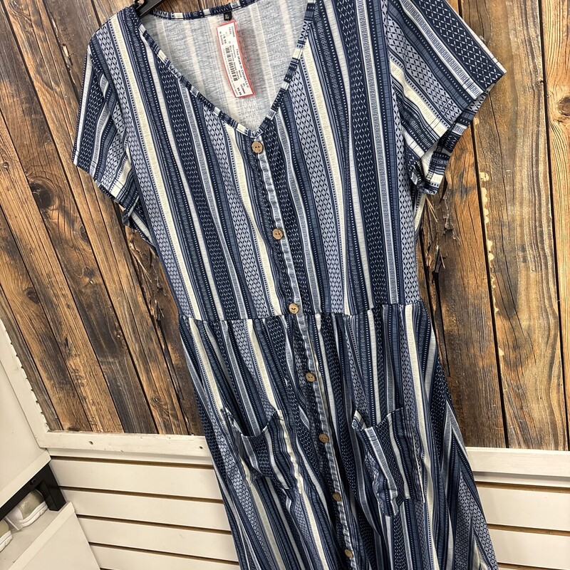 Blue White Stripe Dress, Size: XL