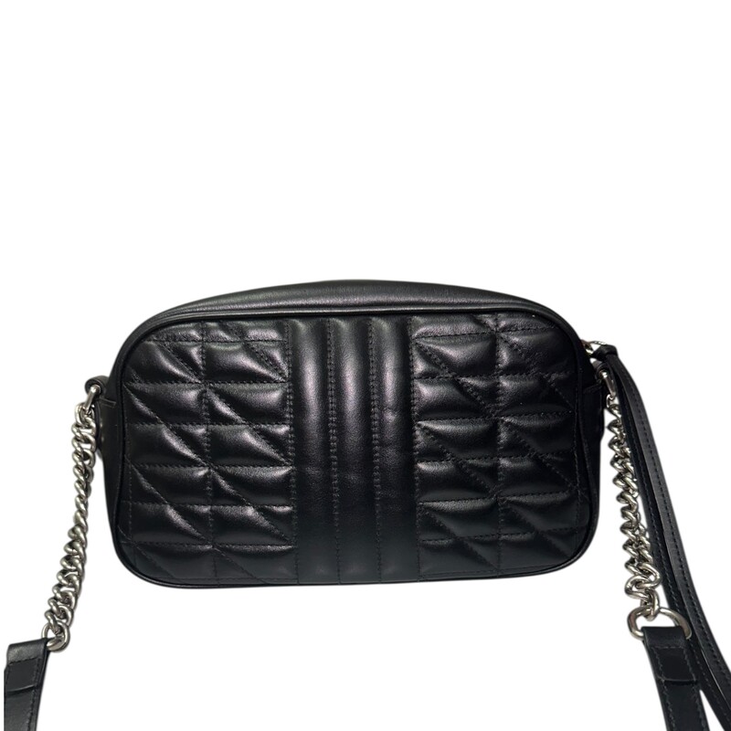 Gucci Calfskin Matelasse Aria Small GG Marmont Chain Shoulder Bag Black<br />
<br />
Code: 447682 520981<br />
<br />
Dimensions:<br />
Base length: 9.5 in<br />
Height: 5.75 in<br />
Width: 2.5 in<br />
Drop: 24 in to 0.00 in<br />
<br />
In very good condition. Light wear to the corners and the interior.<br />
<br />
Comes with the original dust bag. No box.
