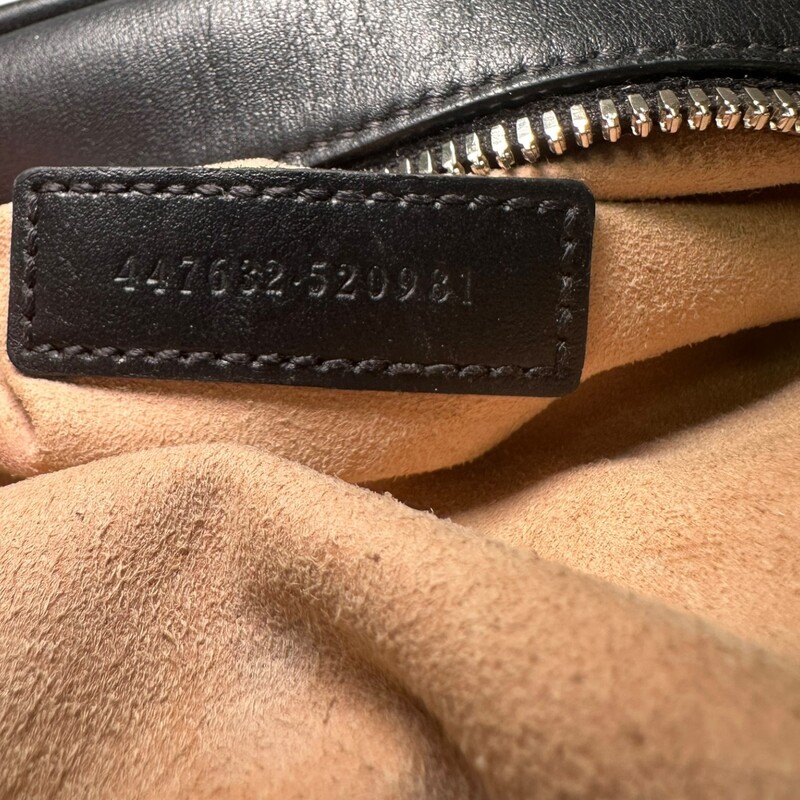 Gucci Calfskin Matelasse Aria Small GG Marmont Chain Shoulder Bag Black<br />
<br />
Code: 447682 520981<br />
<br />
Dimensions:<br />
Base length: 9.5 in<br />
Height: 5.75 in<br />
Width: 2.5 in<br />
Drop: 24 in to 0.00 in<br />
<br />
In very good condition. Light wear to the corners and the interior.<br />
<br />
Comes with the original dust bag. No box.