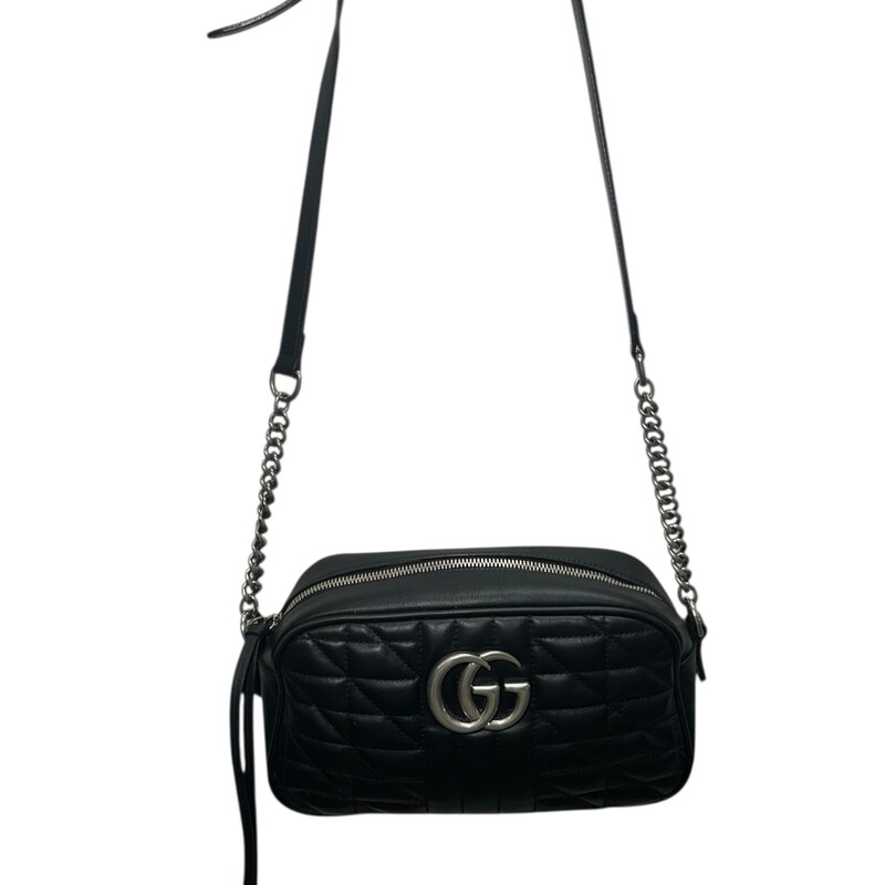 Gucci Calfskin Matelasse Aria Small GG Marmont Chain Shoulder Bag Black<br />
<br />
Code: 447682 520981<br />
<br />
Dimensions:<br />
Base length: 9.5 in<br />
Height: 5.75 in<br />
Width: 2.5 in<br />
Drop: 24 in to 0.00 in<br />
<br />
In very good condition. Light wear to the corners and the interior.<br />
<br />
Comes with the original dust bag. No box.