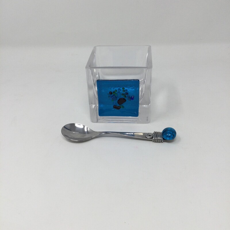 Glass Condiment Server W/spoon, Glass/Bl, Size: 3in