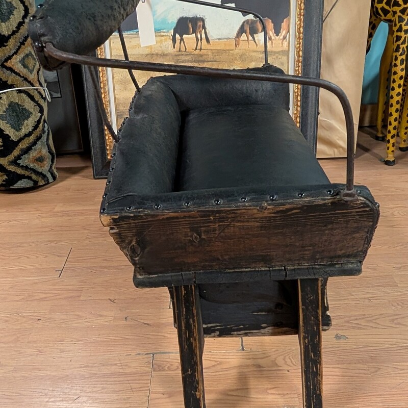 Antique Buggy Seat, Wood, Leather, Black<br />
36w x 17d x 33h