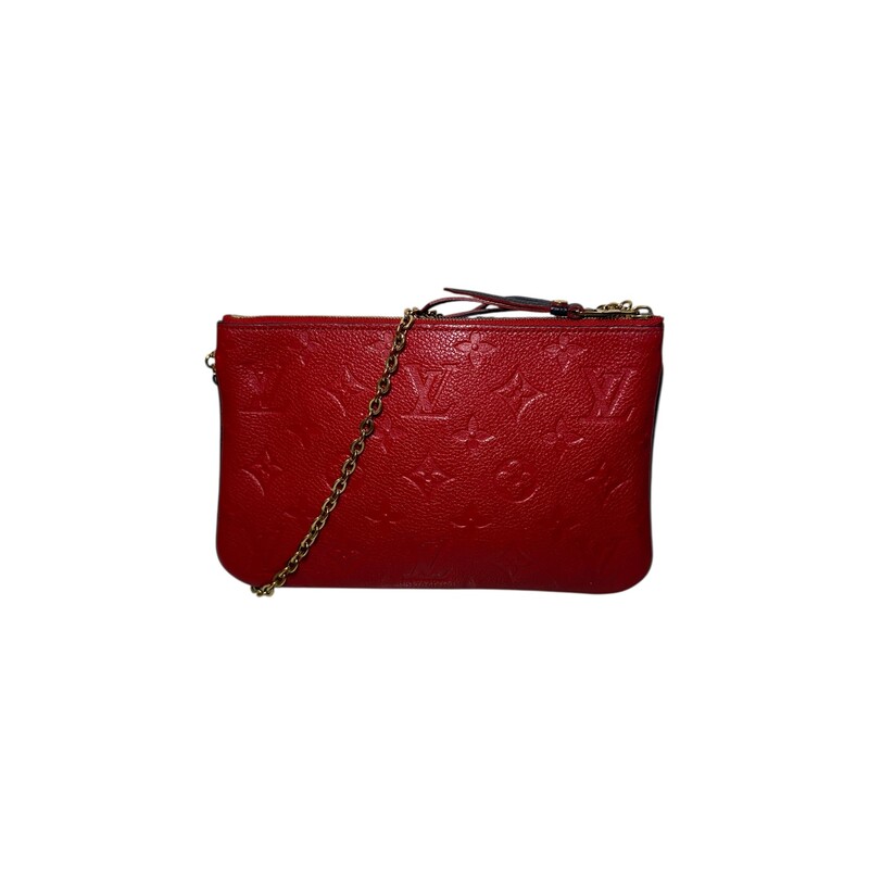 Louis Vuitton Double Zip Marine Rouge Empreinte<br />
Pochette Chain Crossbody<br />
<br />
Red/Navy<br />
<br />
Date Code: Microchip<br />
<br />
Dimensions: Dimensions: 8.5 L  x 5.1 H  x 1.0 W inches<br />
                          Handle Drop: 21.5 inches<br />
<br />
Does not come with original dust bag or box.