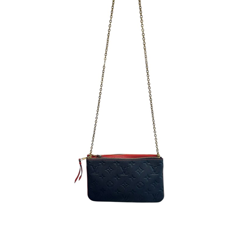 Louis Vuitton Double Zip Marine Rouge Empreinte<br />
Pochette Chain Crossbody<br />
<br />
Red/Navy<br />
<br />
Date Code: Microchip<br />
<br />
Dimensions: Dimensions: 8.5 L  x 5.1 H  x 1.0 W inches<br />
                          Handle Drop: 21.5 inches<br />
<br />
Does not come with original dust bag or box.