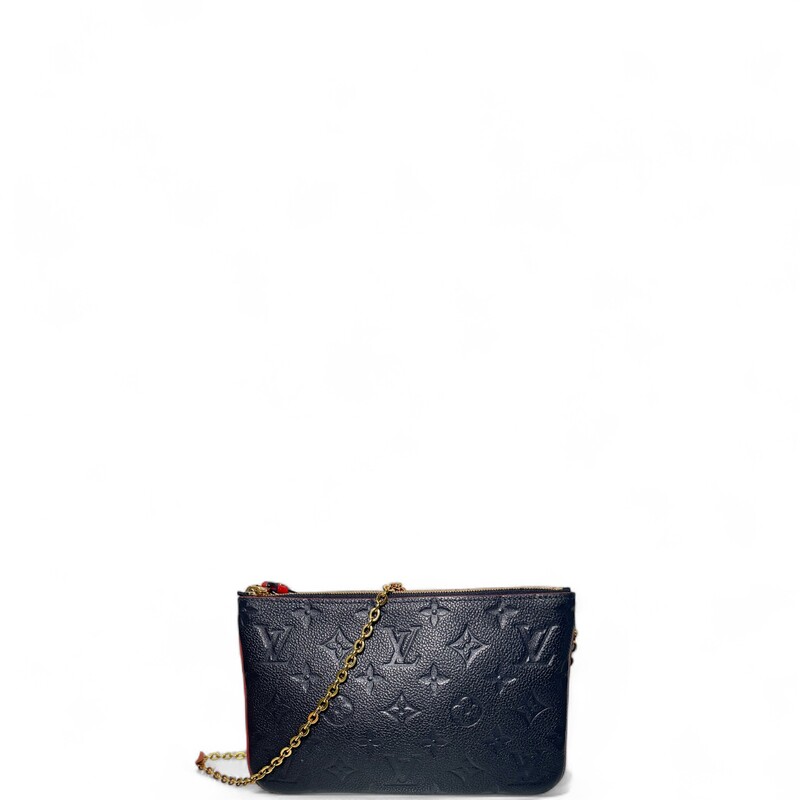 Louis Vuitton Double Zip Marine Rouge Empreinte
Pochette Chain Crossbody

Red/Navy

Date Code: Microchip

Dimensions: Dimensions: 8.5 L  x 5.1 H  x 1.0 W inches
                          Handle Drop: 21.5 inches

Does not come with original dust bag or box.