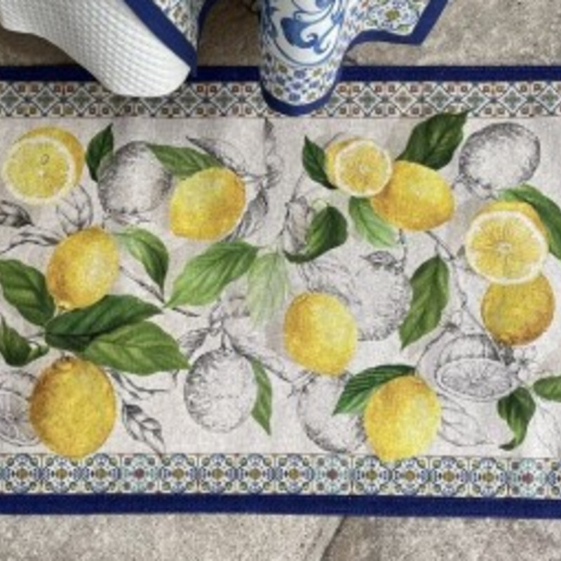 Tessitura Toscana Cetara Lemon Rug
Yellow Green Blue Tan
Size: 20x32L
With its original design, it characterizes every room in the house, you can use it in the kitchen, bedroom, at the entrance and in the bathroom. Practical and durable with a unique pattern. Tip Tapp Rugs by Tessitura Toscana Telerie are great indoor/outdoor rugs.  You can spruce up any space with these rugs.  Whether it is your kitchen, entryway, bathroom or porch they will bring some color and flair.  Due to its small grips on the bottom side your rug will be stable and be non-slip.  Machine washable.  Rugs come in a  recycled polyester case.  80% recycled polyester 20% polyester.
NEW Retail $55+