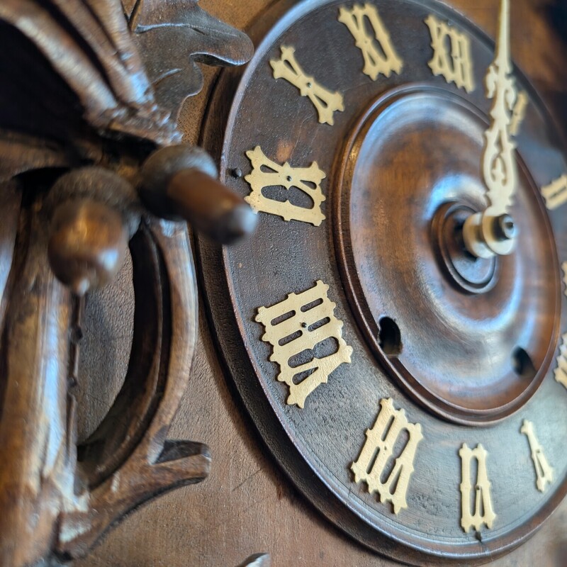 Black Forest Cuckoo Clock, Birds Nest, Acorns<br />
26w x 14d x 38h<br />
As is-Missing 1 hand, Chain and Weights