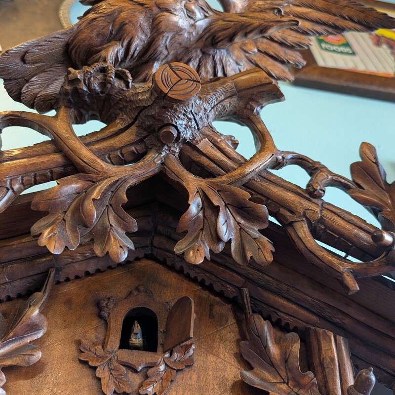 Black Forest Cuckoo Clock, Birds Nest, Acorns<br />
26w x 14d x 38h<br />
As is-Missing 1 hand, Chain and Weights