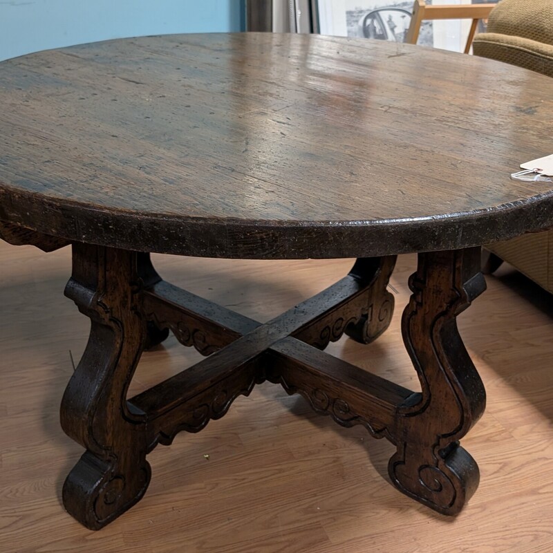 Vintage Carved Round Dining Table, Dark Stain
50in Round