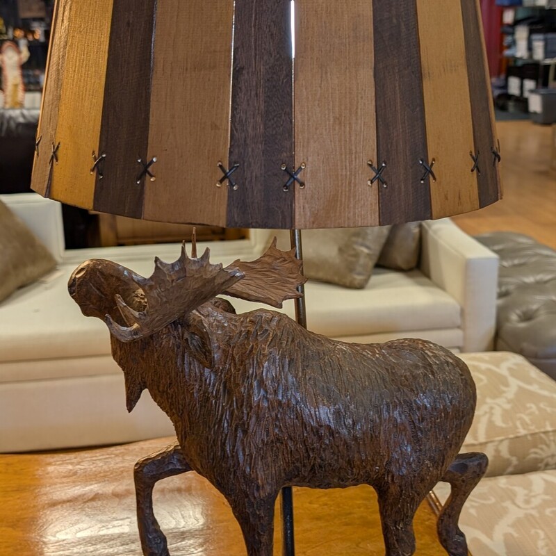 Wood Moose Table Lamp
A Dube, 1885-1970
Vintage Rare Folk Art
14w x 8d x 28h