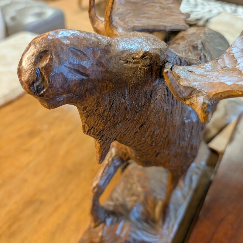 Wood Moose Table Lamp<br />
A Dube, 1885-1970<br />
Vintage Rare Folk Art<br />
14w x 8d x 28h