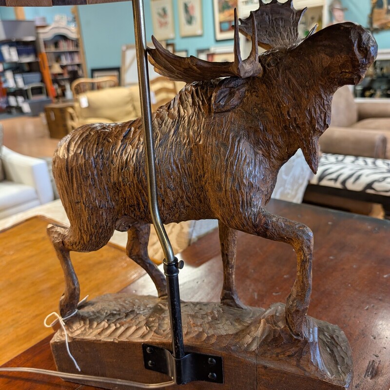 Wood Moose Table Lamp<br />
A Dube, 1885-1970<br />
Vintage Rare Folk Art<br />
14w x 8d x 28h