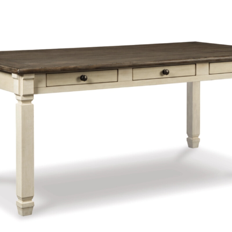 Farmhouse Table+6Chairs<br />
Cream Dark Brown<br />
Size: 72x40x31H<br />
Rustic planked top that is gently distressed with cream wood base. Includes 6 tweed chairs in a textured antique white finish. Table has six built-in drawers for storage.