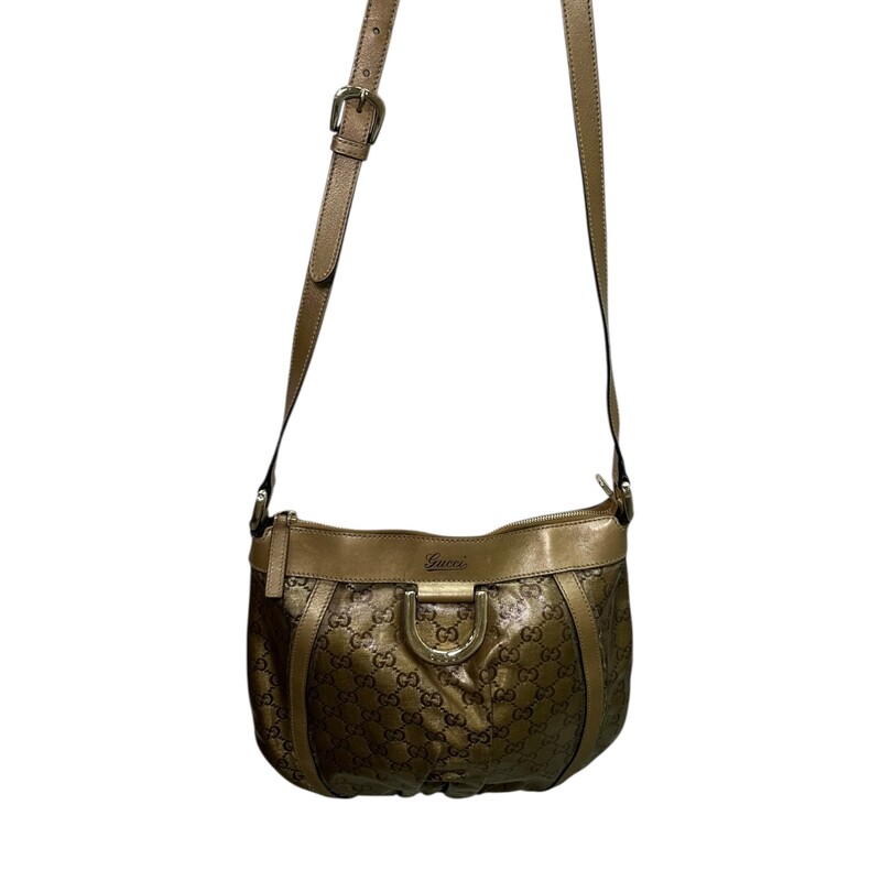 Gucci Abbey Crystal D Ring Metallic  Crossbody<br />
<br />
Style Code: 203257 02026<br />
<br />
Dimensions: 10 L X 8 H inches<br />
<br />
In good condition. Some minor peeling of the canvas, some hardware scratrches and slight discoloration of hardware.<br />
<br />
Does not come with original dust bag or box.