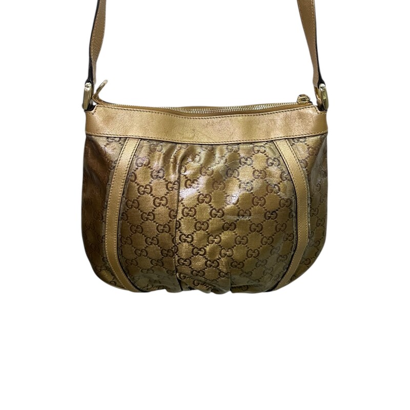 Gucci Abbey Crystal D Ring Metallic  Crossbody<br />
<br />
Style Code: 203257 02026<br />
<br />
Dimensions: 10 L X 8 H inches<br />
<br />
In good condition. Some minor peeling of the canvas, some hardware scratrches and slight discoloration of hardware.<br />
<br />
Does not come with original dust bag or box.