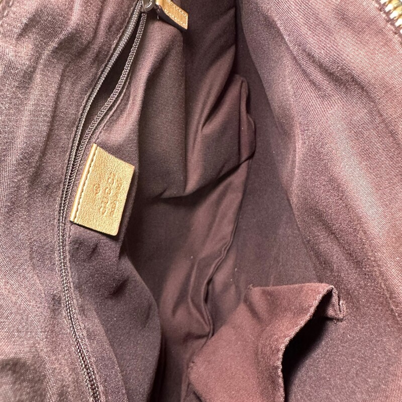 Gucci Abbey Crystal D Ring Metallic  Crossbody

Style Code: 203257 02026

Dimensions: 10 L X 8 H inches

In good condition. Some minor peeling of the canvas, some hardware scratrches and slight discoloration of hardware.

Does not come with original dust bag or box.