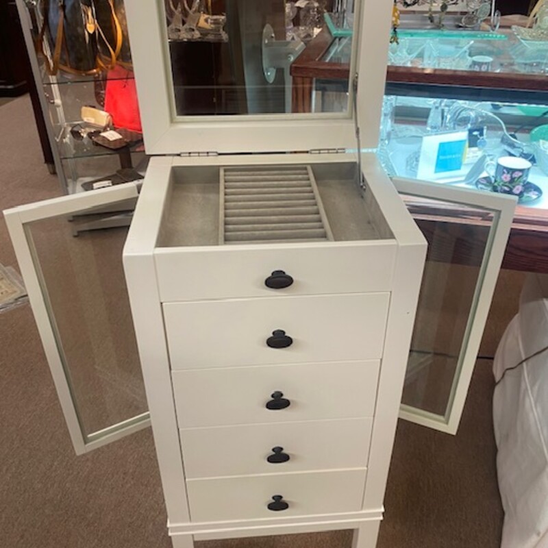 Pottery Barn Jewlery Armoire<br />
Cream Wood Clear Glass Side Doors/Top Lid<br />
Size: 16x13x36H<br />
Holds Necklaces on Both Sides<br />
Great Storage<br />
As Is-Loose/Stripped Knob