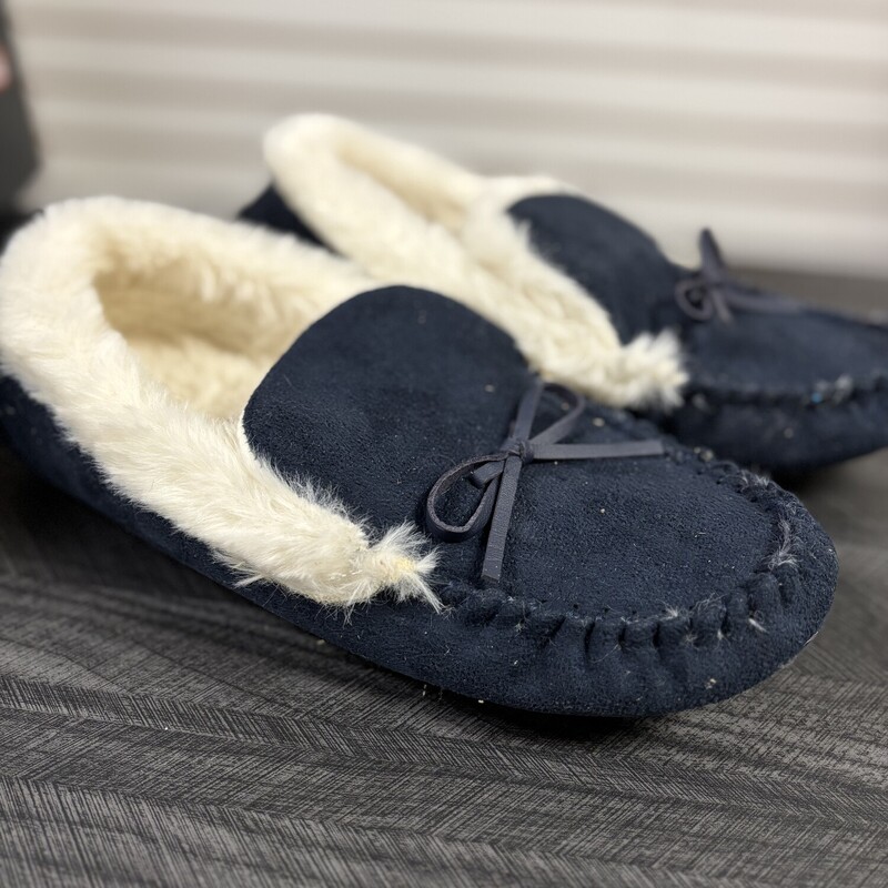 Navy Fur Lined Slippers, Size: 8