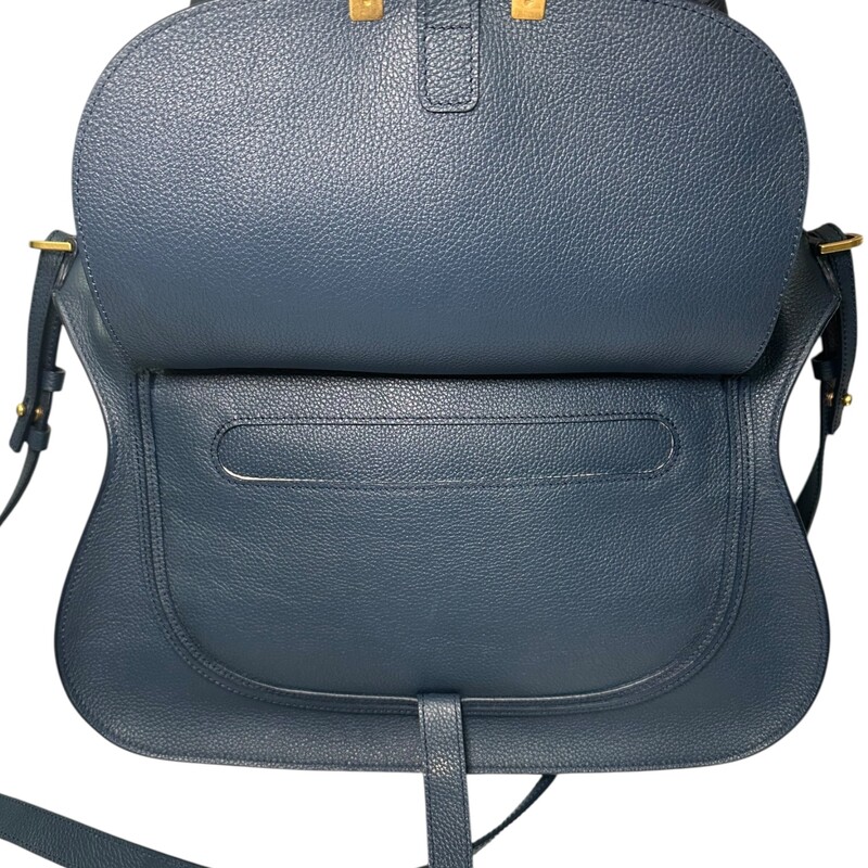 Chloe Marcie Calfskin Satchel  Tapestry Blue Handbag<br />
<br />
Code:F03V599<br />
<br />
Dimensions:<br />
11.1H x 14.2W x 4.8D<br />
<br />
In excellent condition.<br />
<br />
Does not come with the original dust bag or box.