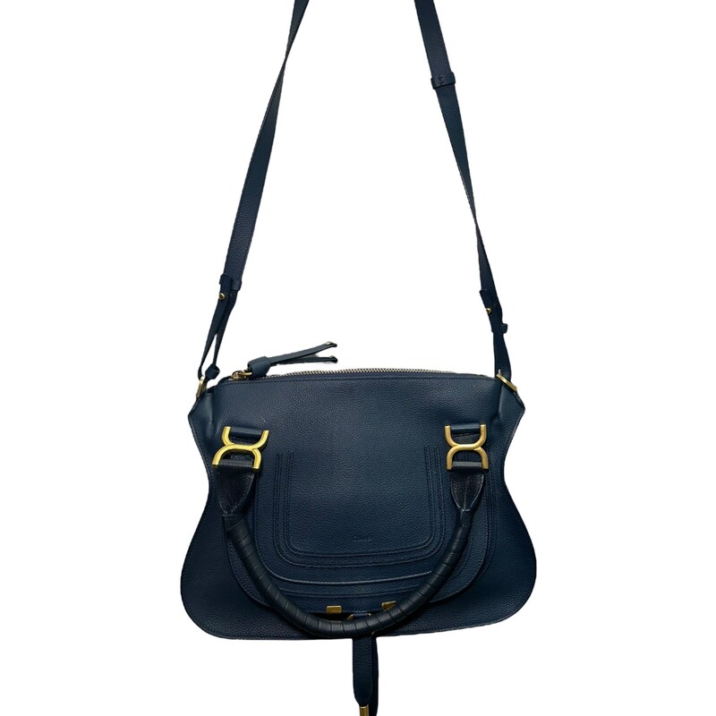 Chloe Marcie Calfskin Satchel  Tapestry Blue Handbag<br />
<br />
Code:F03V599<br />
<br />
Dimensions:<br />
11.1H x 14.2W x 4.8D<br />
<br />
In excellent condition.<br />
<br />
Does not come with the original dust bag or box.