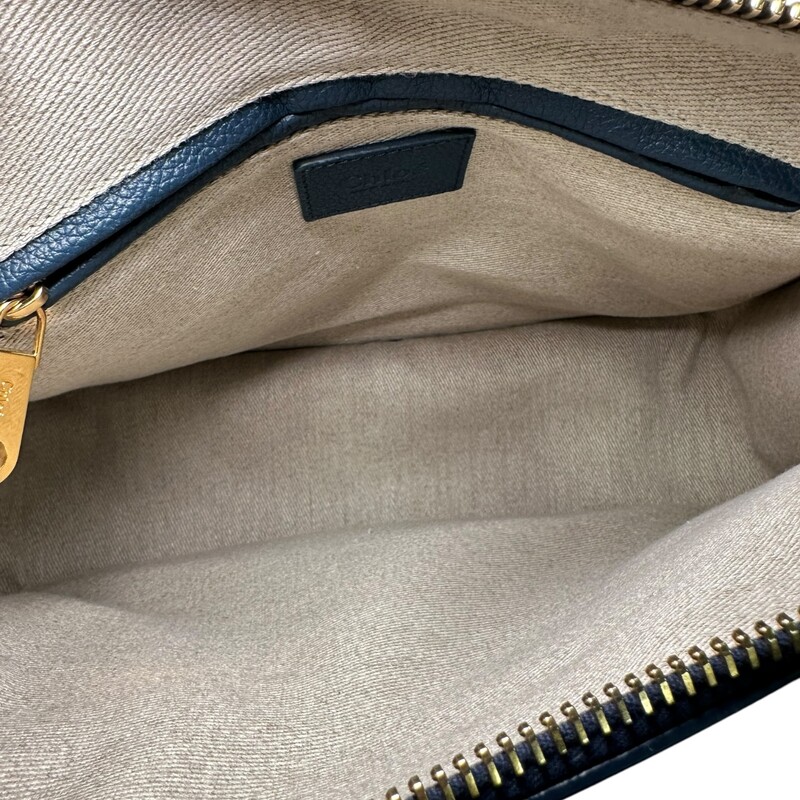 Chloe Marcie Calfskin Satchel  Tapestry Blue Handbag<br />
<br />
Code:F03V599<br />
<br />
Dimensions:<br />
11.1H x 14.2W x 4.8D<br />
<br />
In excellent condition.<br />
<br />
Does not come with the original dust bag or box.