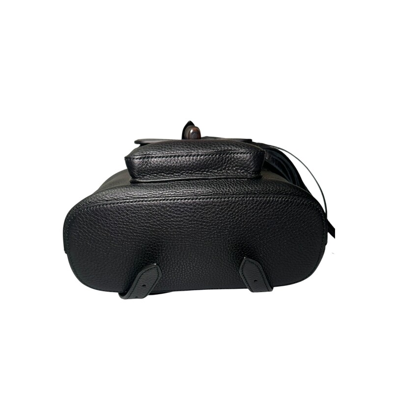 Gucci Bamboo Black Leather Backpack<br />
<br />
Style Code: 387149 .204990<br />
<br />
<br />
Dimensions:9.5 W x 10.5 H x 4 D inches<br />
<br />
In very good condition. Minor wear on the leather buckle.<br />
<br />
Comes with original dust bag. No box.