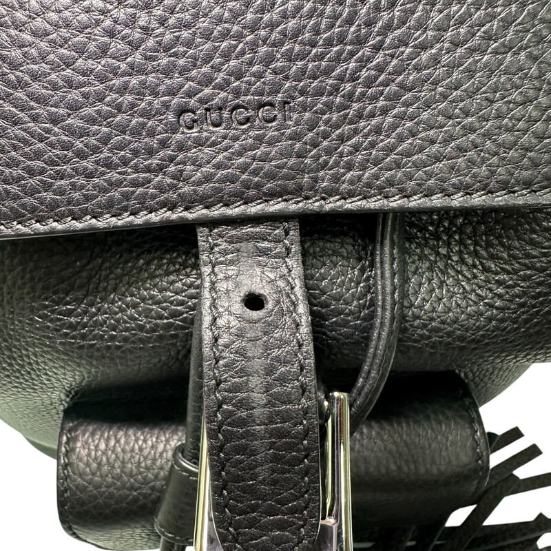 Gucci Bamboo Black Leather Backpack<br />
<br />
Style Code: 387149 .204990<br />
<br />
<br />
Dimensions:9.5 W x 10.5 H x 4 D inches<br />
<br />
In very good condition. Minor wear on the leather buckle.<br />
<br />
Comes with original dust bag. No box.
