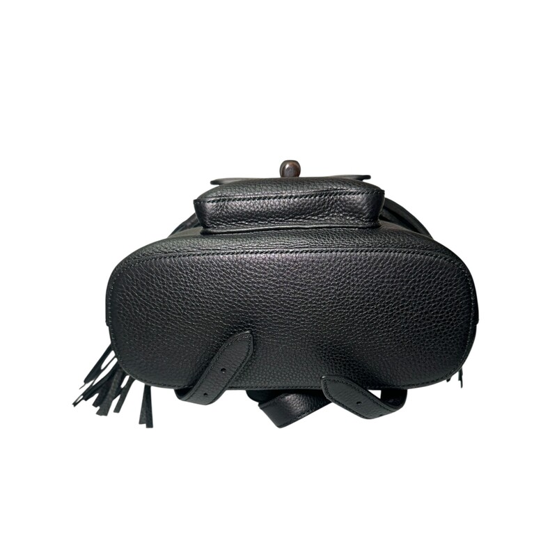 Gucci Bamboo Black Leather Backpack<br />
<br />
Style Code: 387149 .204990<br />
<br />
<br />
Dimensions:9.5 W x 10.5 H x 4 D inches<br />
<br />
In very good condition. Minor wear on the leather buckle.<br />
<br />
Comes with original dust bag. No box.
